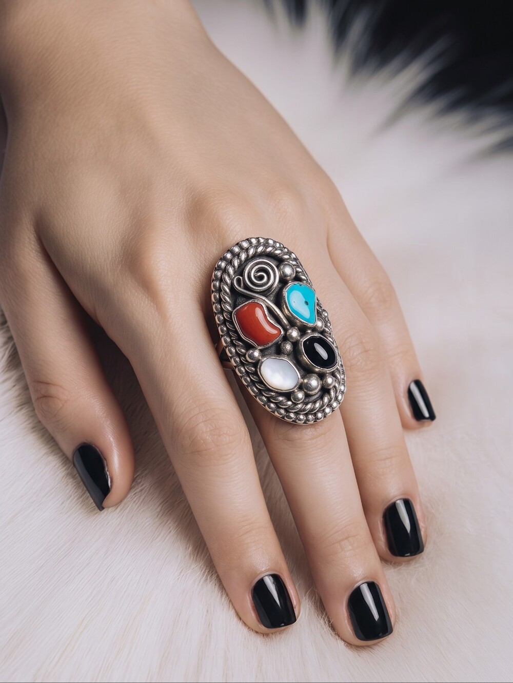 Navajo Sterling Silver Ring Turquoise & Coral Stone Signed JJ Sz 6.5 Western